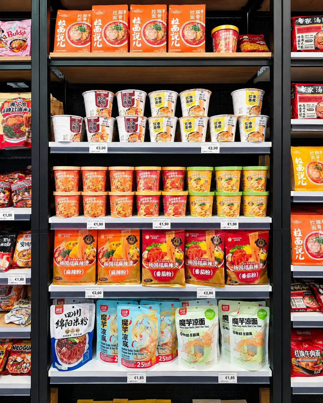 Scaffale di noodles istantanei cinesi, in busta e in bicchiere