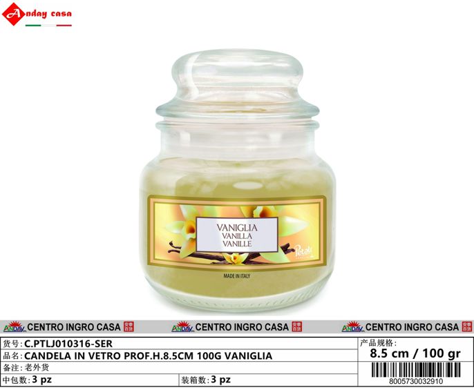 CANDELA IN VETRO PROF.H.8.5CM 100G VANIGLIA
