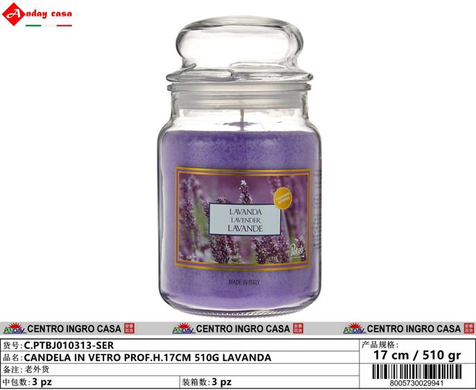 CANDELA IN VETRO PROF.H.17CM 510G LAVANDA