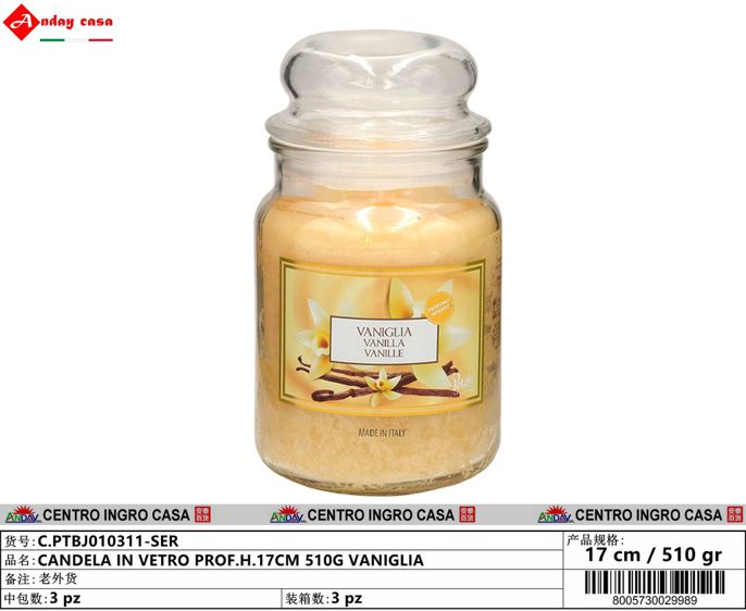 CANDELA IN VETRO PROF.H.17CM 510G VANIGLIA