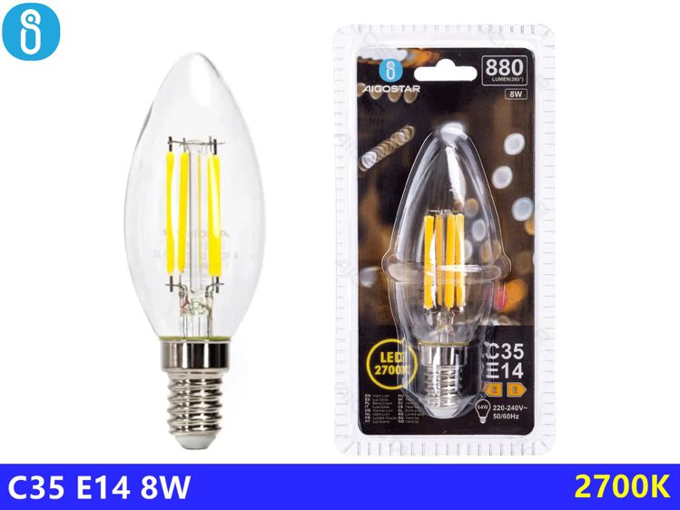 LAMPADINA A FILAMENTO LED C35 E14 8W TRASPARENTE(C35.E14.8W.2700K)