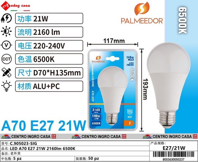 LED A70 E27 21W 2160lm 6500K