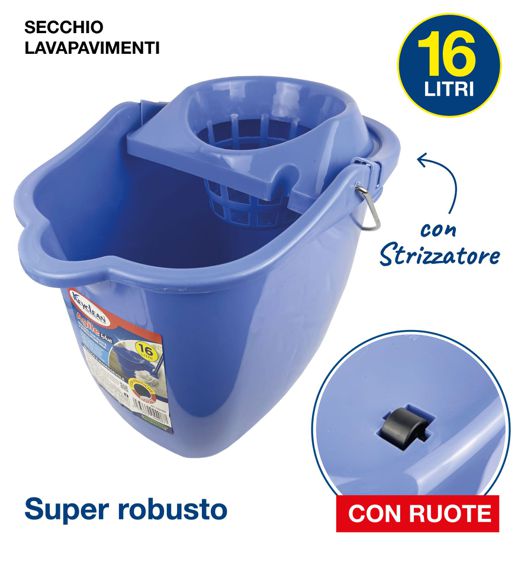 SECCHIO CON STRIZZATORE CON RUOTA BLU